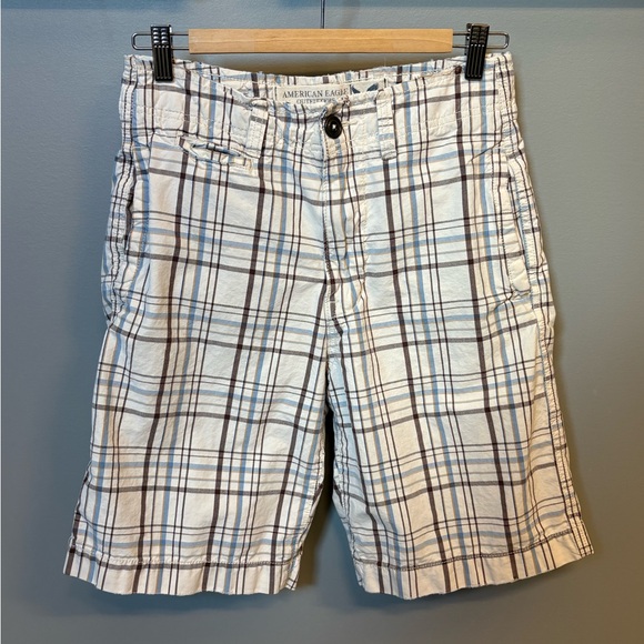 Men’s American Eagle Cream, Brown & Blue Plaid Casual Bermuda Shorts - Size 28 - Picture 1 of 6